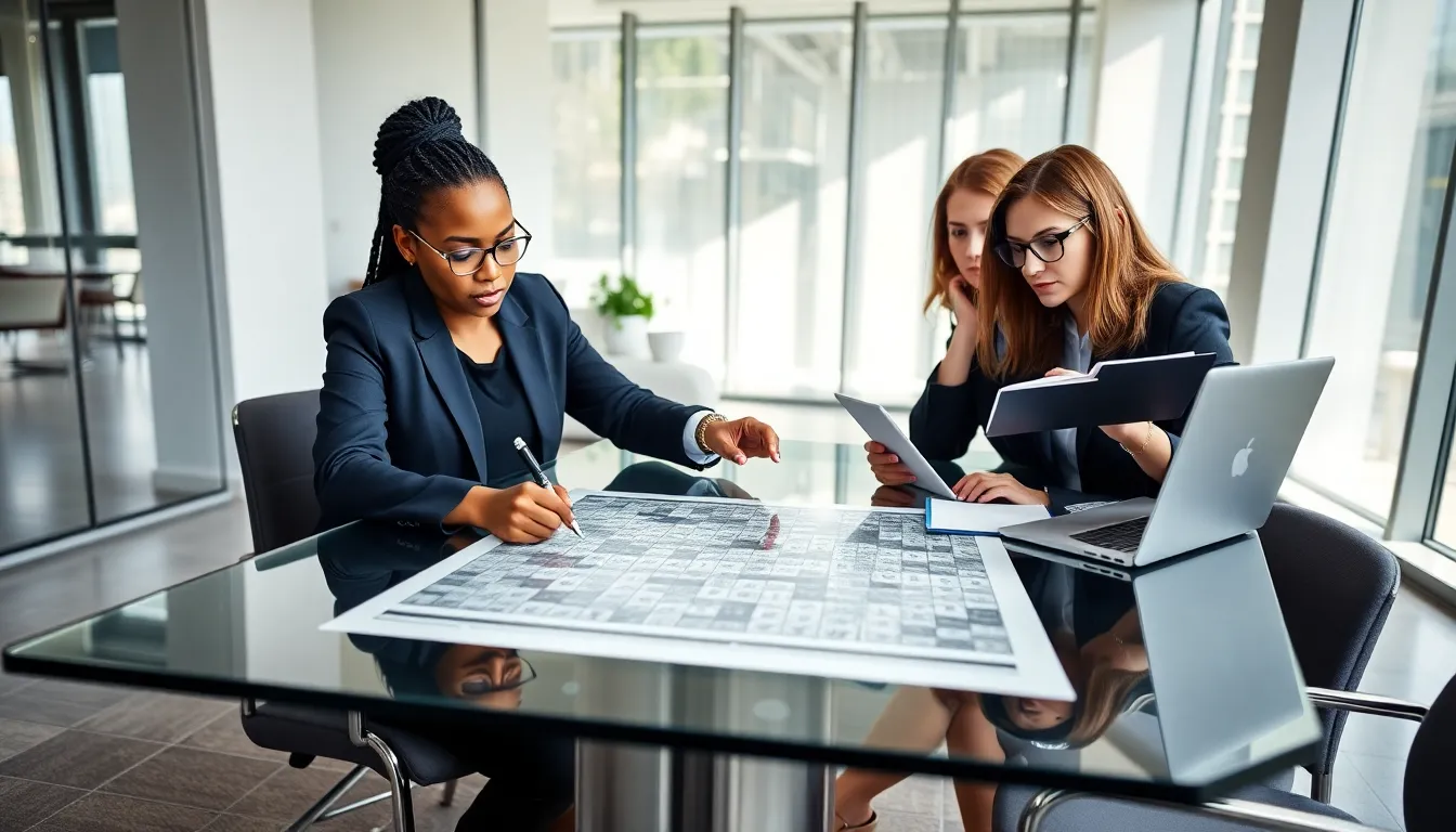 diverse professionals collaborating on a Kreuzwort50 puzzle in an office.