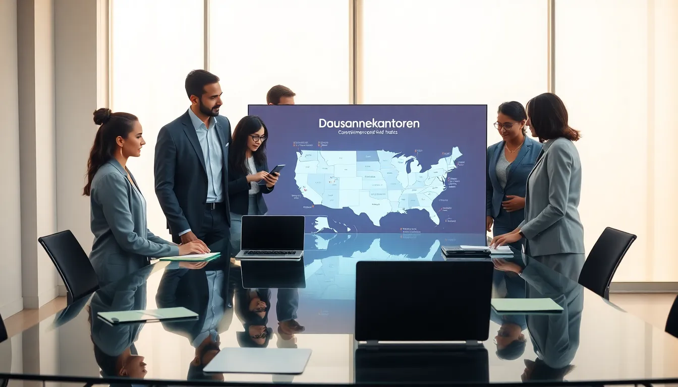 diverse team analyzing customs office locations in a modern workspace.